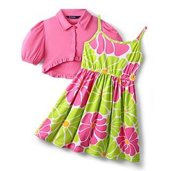 Pine Kids Cotton Knit Half Sleeves Jacket & Frock With Floral Print - Pink & Limegreen