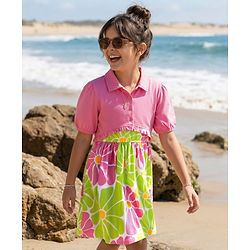Pine Kids Cotton Knit Half Sleeves Jacket & Frock With Floral Print - Pink & Limegreen