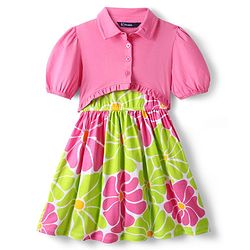 Pine Kids Cotton Knit Half Sleeves Jacket & Frock With Floral Print - Pink & Limegreen
