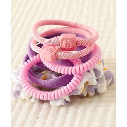 Pine Kinds Rubber Bands & Scrunchies Set with Floral Applique Pack of 8 - Pink & Purple