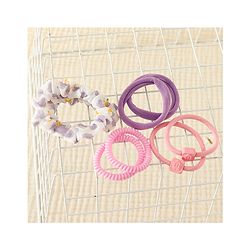 Pine Kinds Rubber Bands & Scrunchies Set with Floral Applique Pack of 8 - Pink & Purple