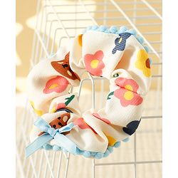 Pine Kids Scrunchies with Floral Print & Bow Applique - Light Blue Pink & Yellow