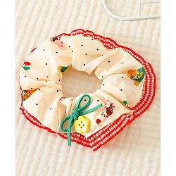 Pine Kids Scrunchies with Floral Print Lace Design & Bow Applique - Red & Cream