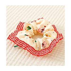 Pine Kids Scrunchies with Floral Print Lace Design & Bow Applique - Red & Cream