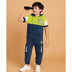 Pine Kids Cotton Knit Half Sleeves Cut & Sew Hooded T-Shirt & Joggers Set with Text Print - Limegreen