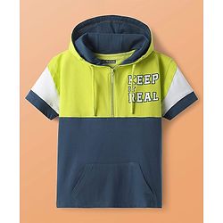 Pine Kids Cotton Knit Half Sleeves Cut & Sew Hooded T-Shirt & Joggers Set with Text Print - Limegreen
