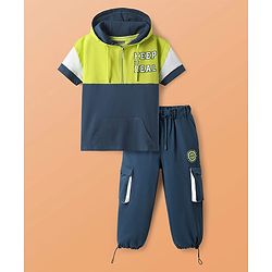 Pine Kids Cotton Knit Half Sleeves Cut & Sew Hooded T-Shirt & Joggers Set with Text Print - Limegreen