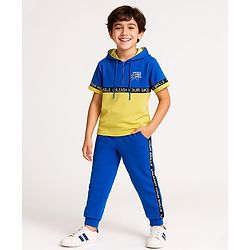 Pine Kids Cotton Knit Half Sleeves Cut & Sew Hooded T-Shirt & Lounge Pant Set with Text Print - Blue & Yellow