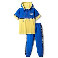 Pine Kids Cotton Knit Half Sleeves Cut & Sew Hooded T-Shirt & Lounge Pant Set with Text Print - Blue & Yellow