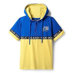 Pine Kids Cotton Knit Half Sleeves Cut & Sew Hooded T-Shirt & Lounge Pant Set with Text Print - Blue & Yellow