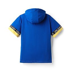Pine Kids Cotton Knit Half Sleeves Cut & Sew Hooded T-Shirt & Lounge Pant Set with Text Print - Blue & Yellow