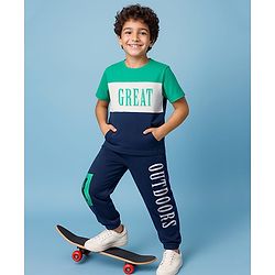 Pine Kids Cotton Knit Half Sleeves Cut & Sew T-Shirt & Lounge Pant Set with Text Print - Navy Blue