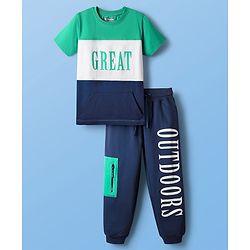Pine Kids Cotton Knit Half Sleeves Cut & Sew T-Shirt & Lounge Pant Set with Text Print - Navy Blue