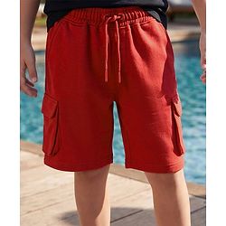Pine Kids Looper Knit Above Knee Length Solid Shorts With Cargo Pockets - Maroon