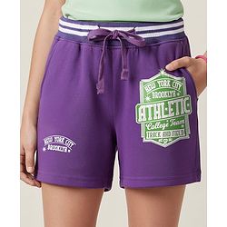 Pine Kids Looper Knit Mid Thigh Shorts With Text Print - Purple