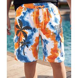 Pine Kids Looper Knit Above Knee Length Shorts With Tropical & Tie & Dye Print - White
