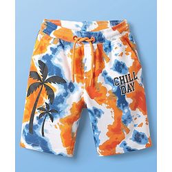 Pine Kids Looper Knit Above Knee Length Shorts With Tropical & Tie & Dye Print - White