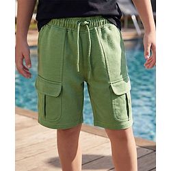 Pine Kids Looper Knit Above Knee Length Solid Shorts With Cargo Pockets - Olive Green
