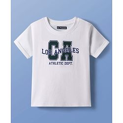 Pine Kids Single Jersey Knit Half Sleeves T-Shirt & Shorts Set With Belt & Los Angeles Print - White & Olive Green