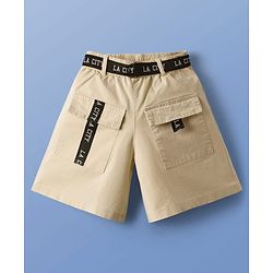 Pine Kids Single Jersey Knit Half Sleeves T-Shirt & Shorts Set With Belt & Los Angeles Print - White & Olive Green