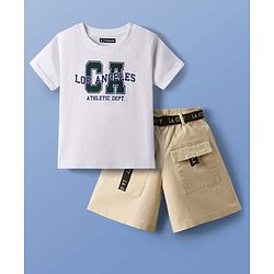 Pine Kids Single Jersey Knit Half Sleeves T-Shirt & Shorts Set With Belt & Los Angeles Print - White & Olive Green