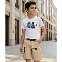 Pine Kids Single Jersey Knit Half Sleeves T-Shirt & Shorts Set With Belt & Los Angeles Print - White & Olive Green