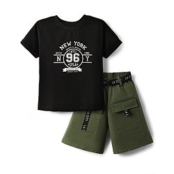 Pine Kids Single Jersey Knit Half Sleeves Top & Shorts Set with New York Text Print - Black & Olive Green