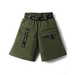 Pine Kids Single Jersey Knit Half Sleeves Top & Shorts Set with New York Text Print - Black & Olive Green