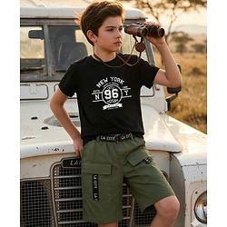 Pine Kids Single Jersey Knit Half Sleeves Top & Shorts Set with New York Text Print - Black & Olive Green