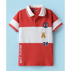 Pine Kids Cotton Knit Half Sleeves Cut & Sew Polo T-Shirt with Best Player Text Print - Red & White