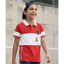 Pine Kids Cotton Knit Half Sleeves Cut & Sew Polo T-Shirt with Best Player Text Print - Red & White