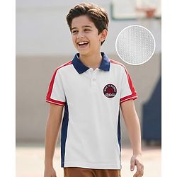 Pine Kids Cotton Knit Half Sleeves Cut & Sew Polo T-Shirt with Patch Detailing - White