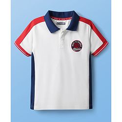 Pine Kids Cotton Knit Half Sleeves Cut & Sew Polo T-Shirt with Patch Detailing - White