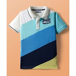 Pine Kids Cotton Knit Polo T-Shirt With Baseball Text Embroidery - Blue