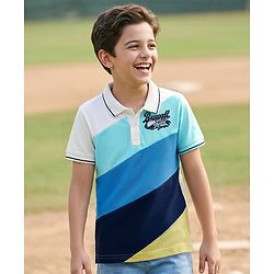 Pine Kids Cotton Knit Polo T-Shirt With Baseball Text Embroidery - Blue