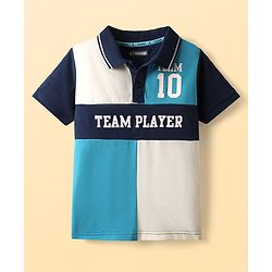 Pine Kids Cotton Knit Polo T-Shirt With Team Player Text Print - Navy Blue