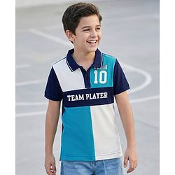 Pine Kids Cotton Knit Polo T-Shirt With Team Player Text Print - Navy Blue