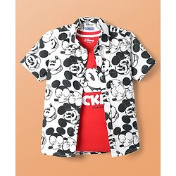 Pine Kids Disney Single Jersey Knit Half Drop Shoulder Sleeves Shirt with T-Shirt & Mickey Mouse Graphics - White & Red