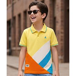 Pine Kids Cotton Knit Half Sleeves Cut & Sew Polo T-Shirt with Patch Detailing - Yellow