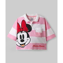 Pine Kids Disney Single Jersey Half Sleeves Drop Shoulder Top & Denim Skirt with Minnie Mouse Graphics & Color Block Design - White & Pink