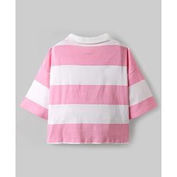 Pine Kids Disney Single Jersey Half Sleeves Drop Shoulder Top & Denim Skirt with Minnie Mouse Graphics & Color Block Design - White & Pink