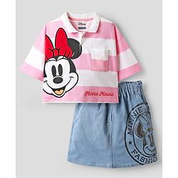 Pine Kids Disney Single Jersey Half Sleeves Drop Shoulder Top & Denim Skirt with Minnie Mouse Graphics & Color Block Design - White & Pink