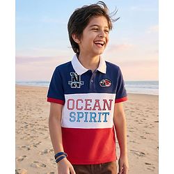 Pine Kids Cotton Knit Half Sleeves Cut & Sew Polo T-Shirt with Text Print & Patch Detailing - Red White & Navy Blue