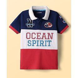 Pine Kids Cotton Knit Half Sleeves Cut & Sew Polo T-Shirt with Text Print & Patch Detailing - Red White & Navy Blue