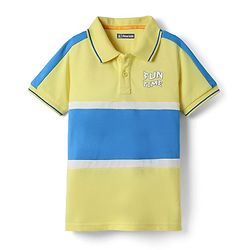 Pine Kids Cotton Knit Half Sleeves Cut & Sew Polo T-Shirt with Fun Time Text Print - Lemon Yellow & Blue