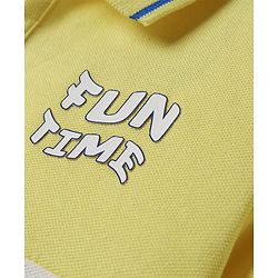Pine Kids Cotton Knit Half Sleeves Cut & Sew Polo T-Shirt with Fun Time Text Print - Lemon Yellow & Blue