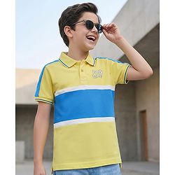 Pine Kids Cotton Knit Half Sleeves Cut & Sew Polo T-Shirt with Fun Time Text Print - Lemon Yellow & Blue