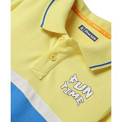 Pine Kids Cotton Knit Half Sleeves Cut & Sew Polo T-Shirt with Fun Time Text Print - Lemon Yellow & Blue