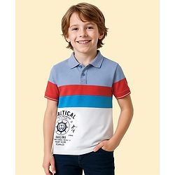 Pine Kids Cotton Knit Half Sleeves Cut & Sew Polo T-Shirt with Nautical Theme Print - Blue & White