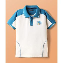 Pine Kids Cotton Knit Polo T-Shirt With I Want To Belive Text Print - Blue & White